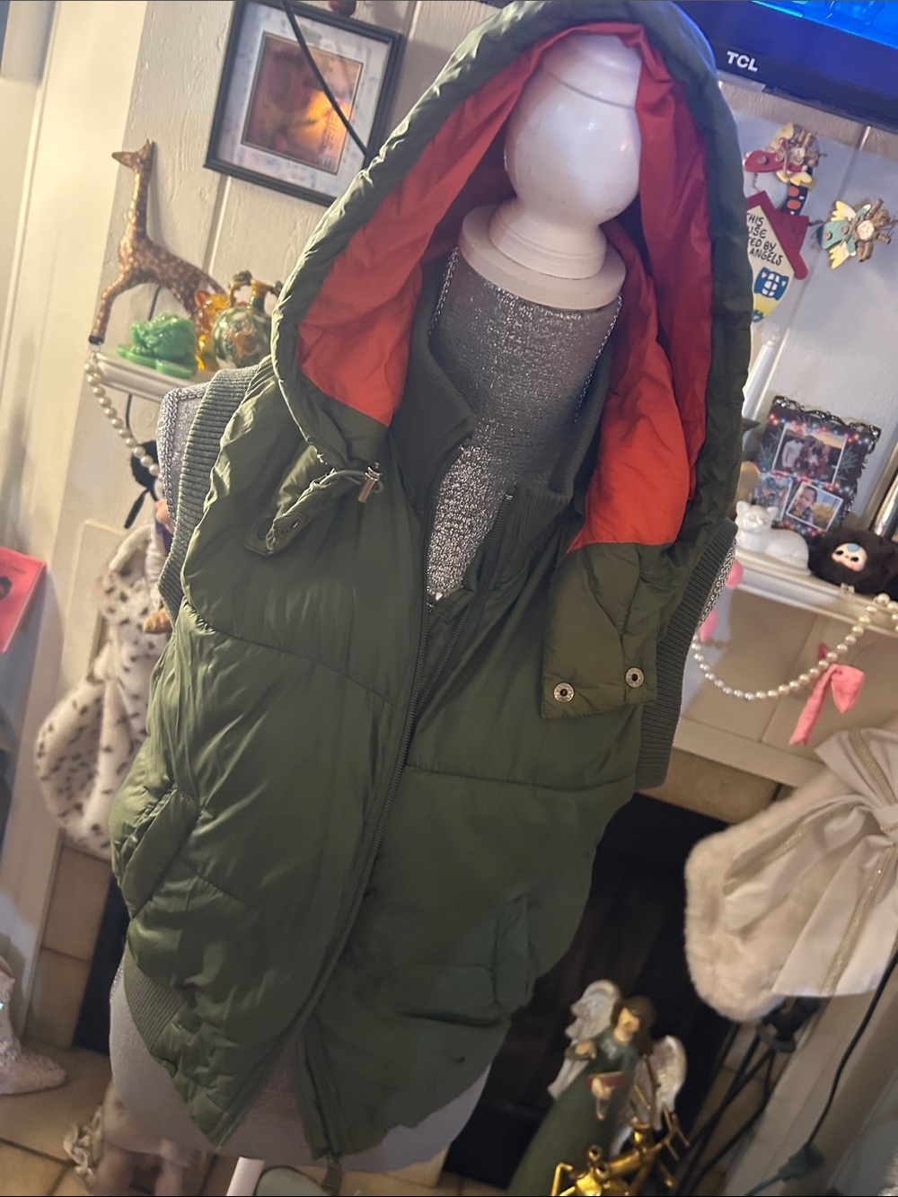 Women’s Hooded Puffer Vest - Olive Green with Orange Lining